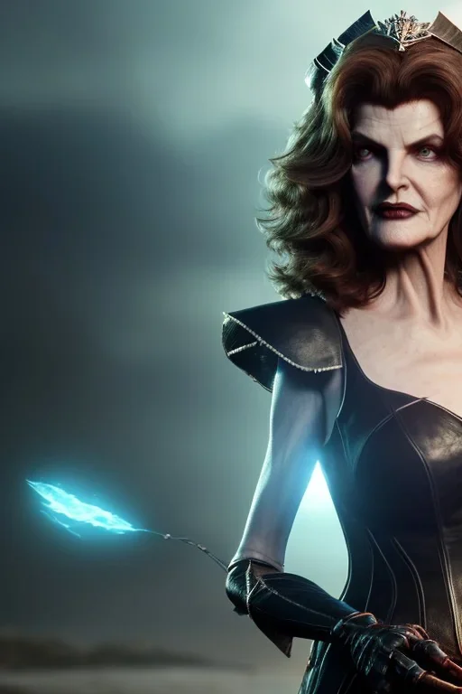 younger Rene Russo as evil queen in leather, cleavage, angry, stern look, unreal 5, octane render,cinema4d, dynamic lighting, dramatic lighting, 4k, redshift render, highly detailed, hyper realistic