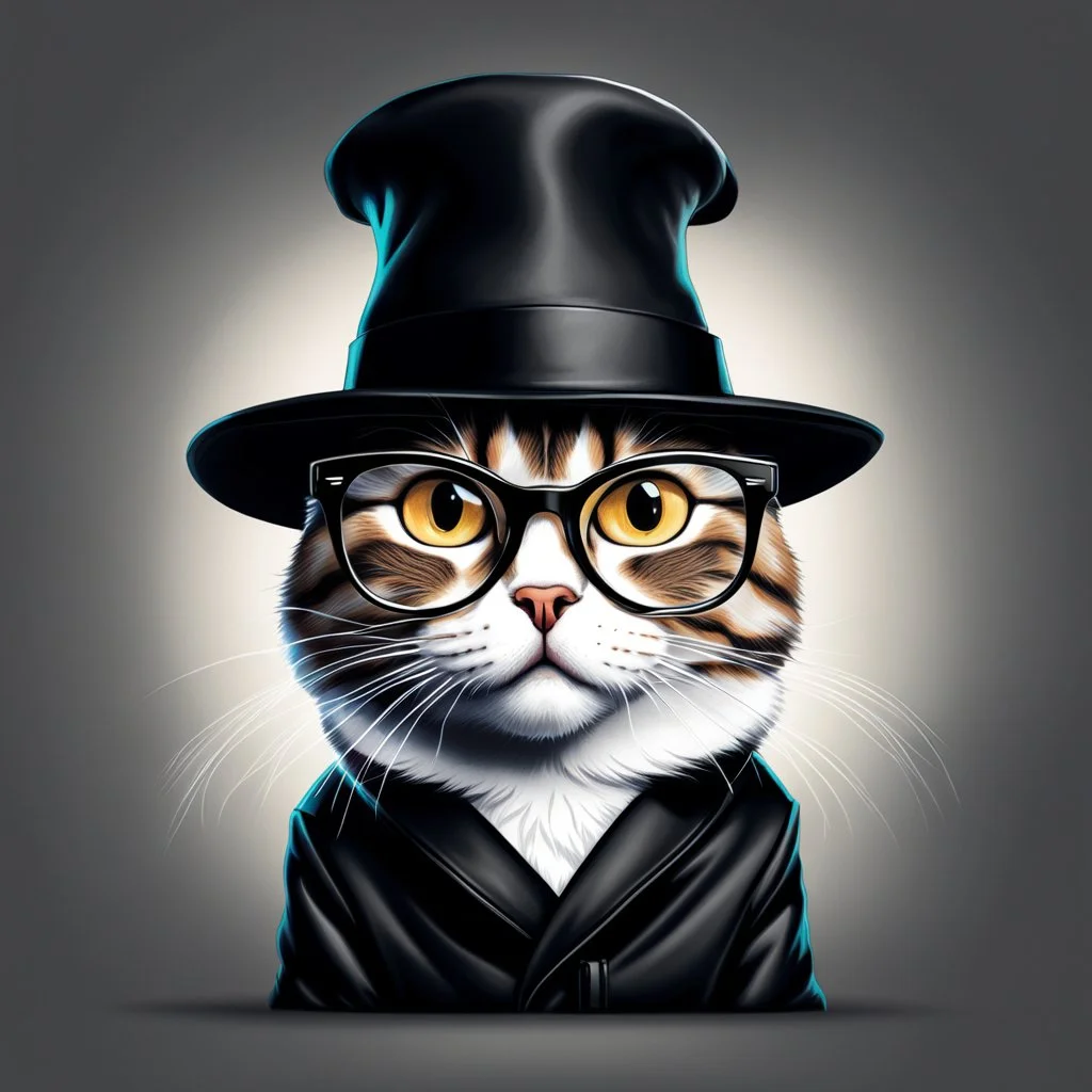 Drawing of a surprised cat with black jacket, hat and glasses, NFT style