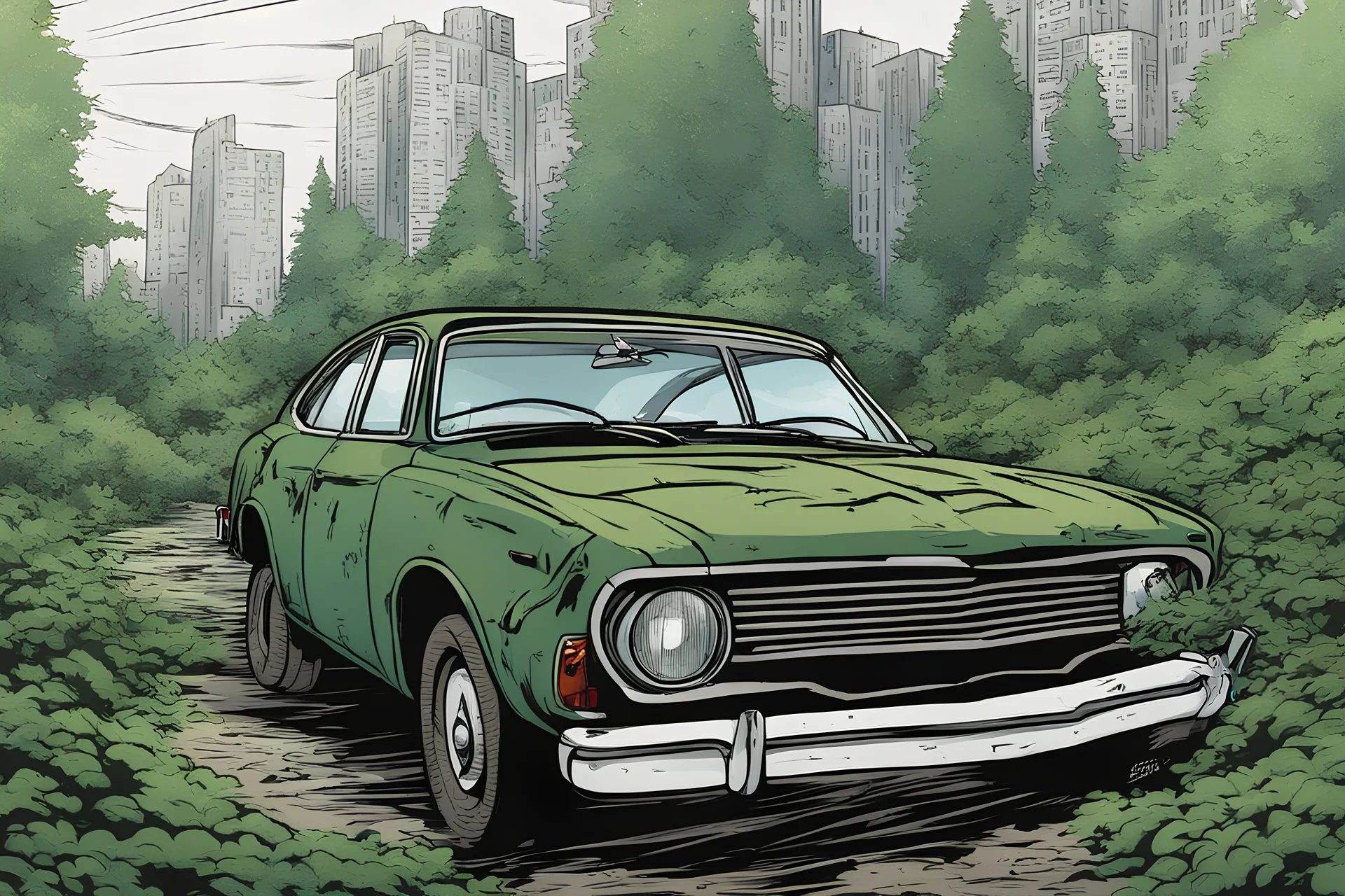 car, forest, overgrown apocalyptic city background, comic book,