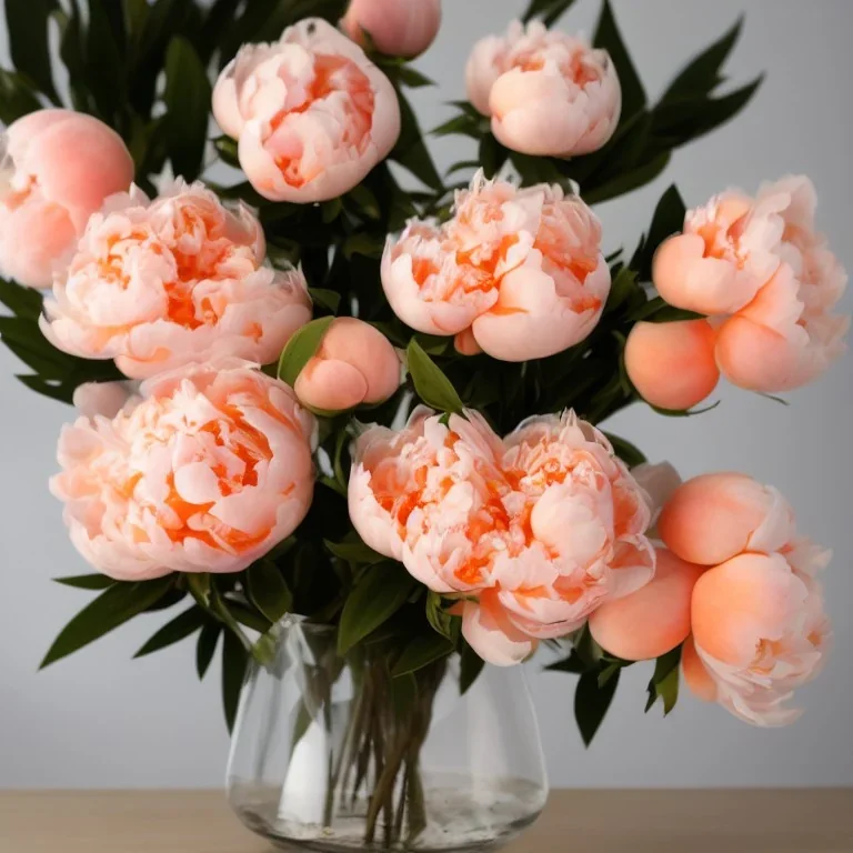 cinematic shot of peonies made from peach tulle in a glass bowl, warm lighting, soft lighting