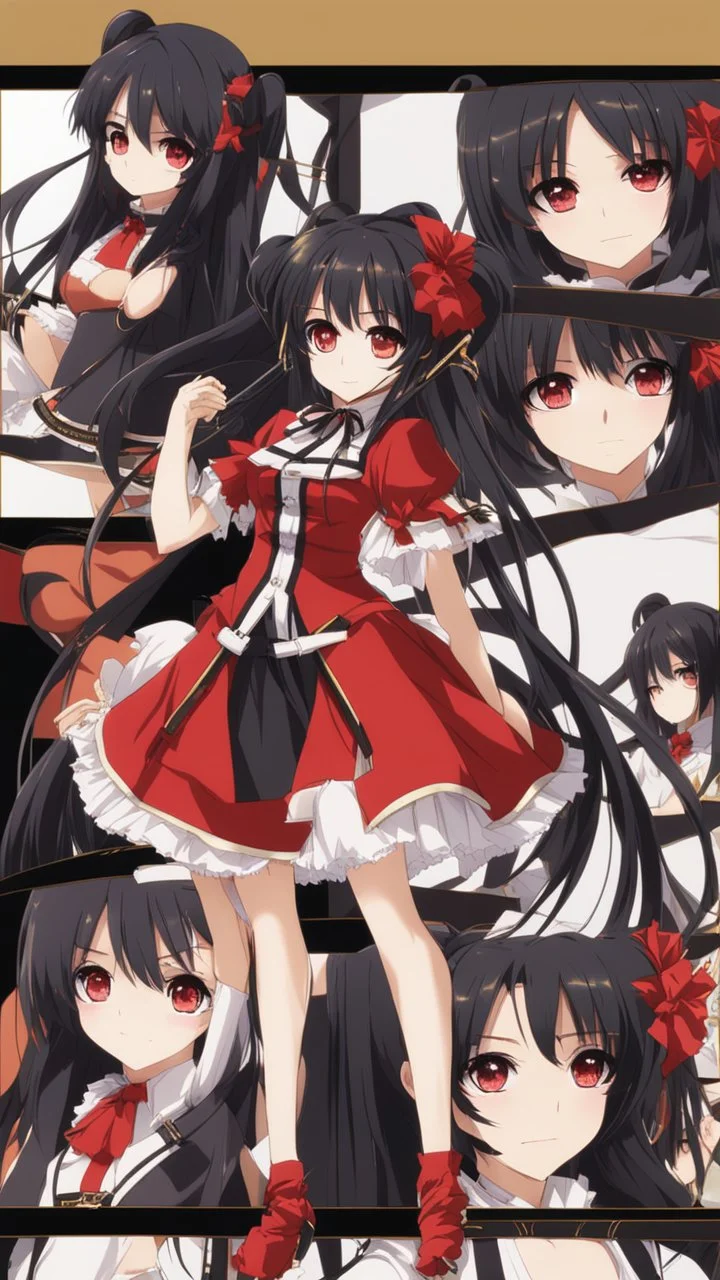 Tokisaki Kurumi appears to be elegant and has very polite manners, ivory skin and long, evil smile, crazy smile, black hair usually tied in long twin tails, deferent Eyes colors, right eye is red-tinted color, left eye appears as a golden color, inorganic clock face, a girl with astonishing beauty, wearing her astral black and red dress 'Elohim', left golden eye, intricate details, highly detailed, ASIAN STYLE