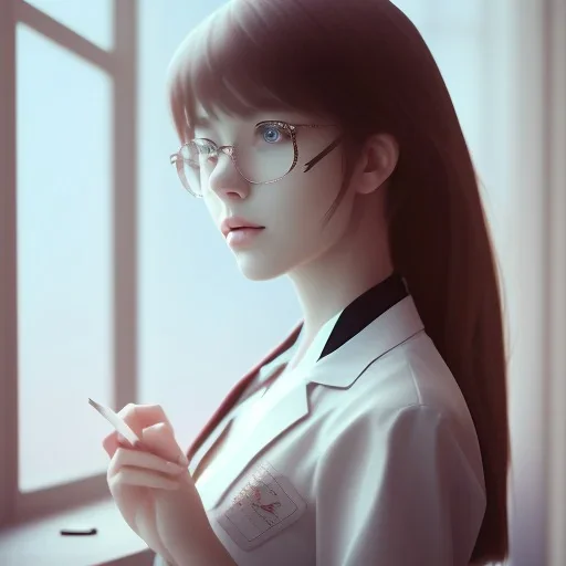 female student studying by the window, anime style,perfect face, cool face, ultra detail, unreal engine 5, cinema4d, sun light, studio lighting --ar 1:1 --v 4