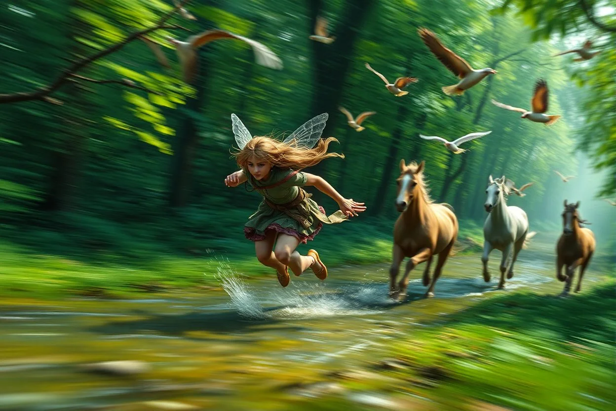 oil painting ,motion blur running caped long haired pixie Quickling - Forgotten Realms dodging birds above water and along winding branches in lush green forest along speeding horses , bokeh like f/0.8, tilt-shift lens 8k, high detail, smooth render, down-light, unreal engine, prize winning