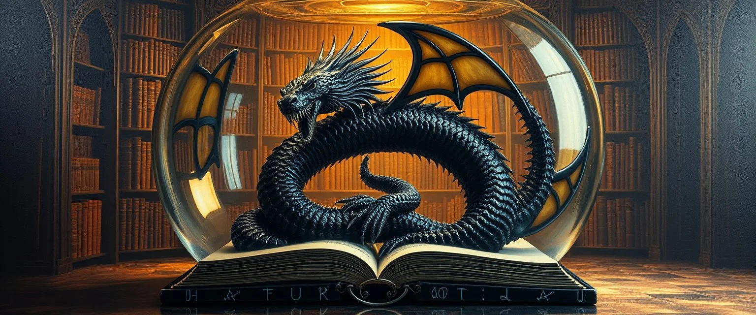 master oil painting by Escher and Giger, ancient library book obsidian fluffy chrome black serpent dragon inside huge transparent vase and with gold, master 3d models, book of the dead, flash rune symbol