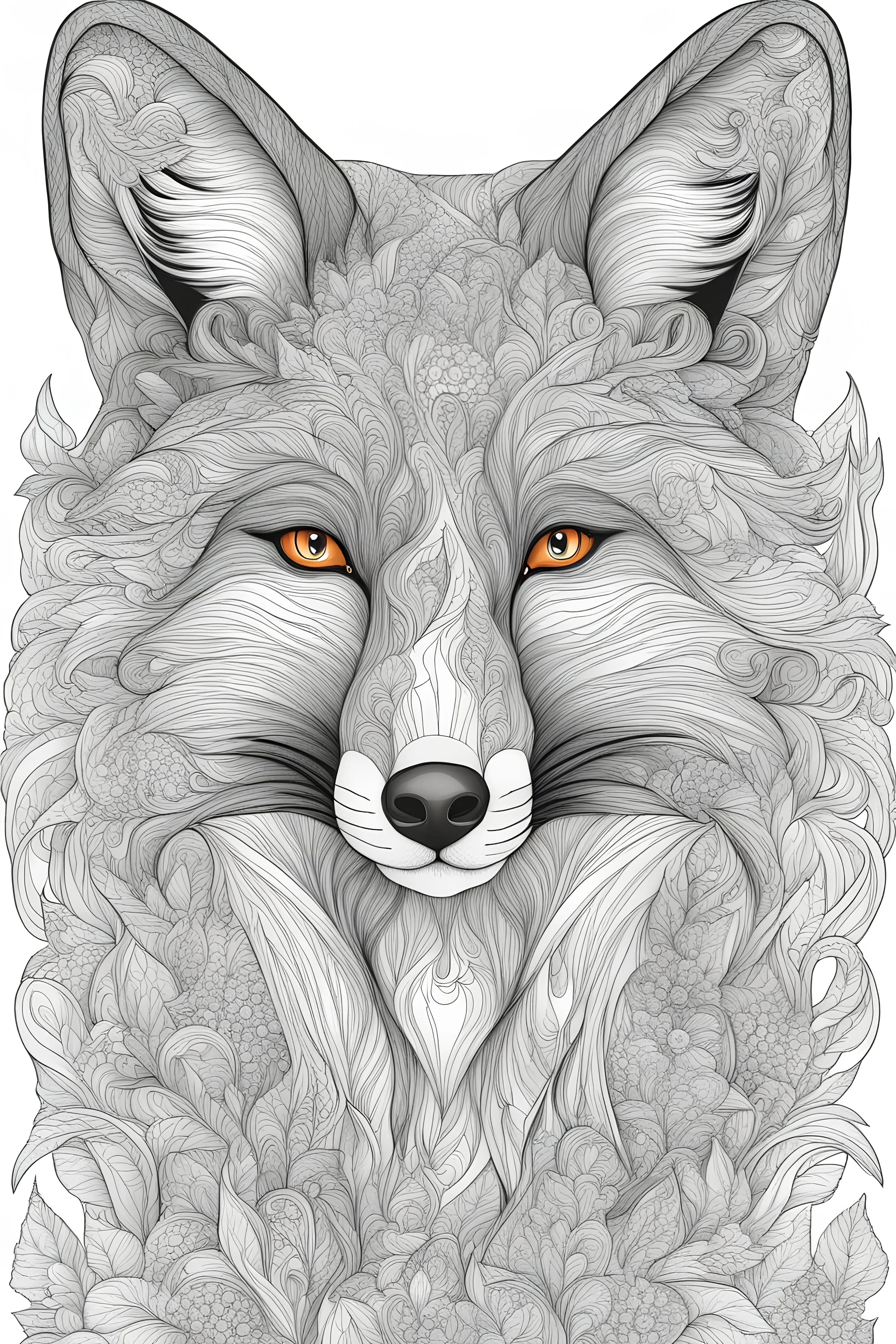 coloring book detailed page for adult of fox. face outline, vector, coloring book, white background, no shade, thick line