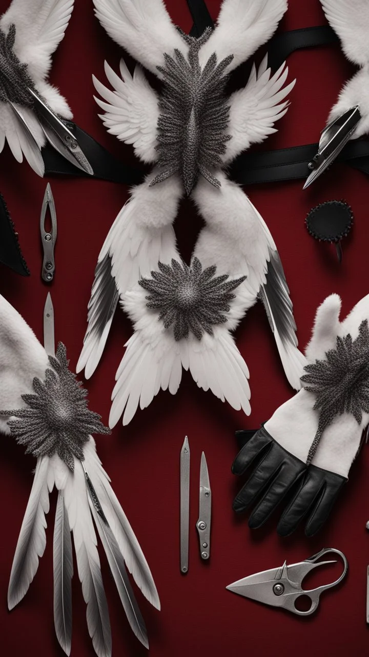 White clipped wings on a red fabric, next to scissors and black leather gloves. Cinematic image