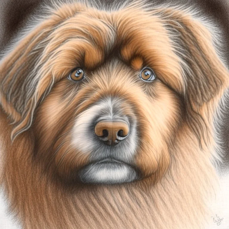 Colored pencil drawing. Portrait, realistic, dog, fur texture.