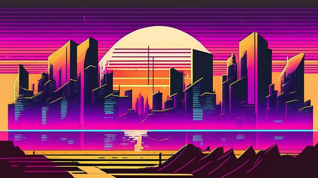 synth-wave, synth-wave one sun, synth-wave city, simple,iconic:1.8), synth-wave color in city, comic style