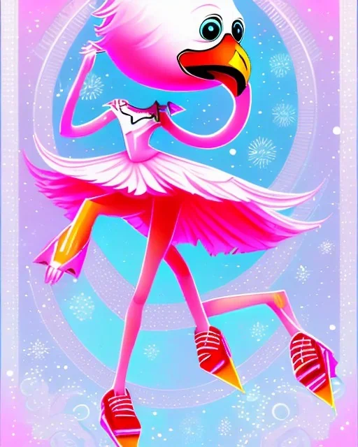 flamingo on ice, skating and danceing, chibi art style