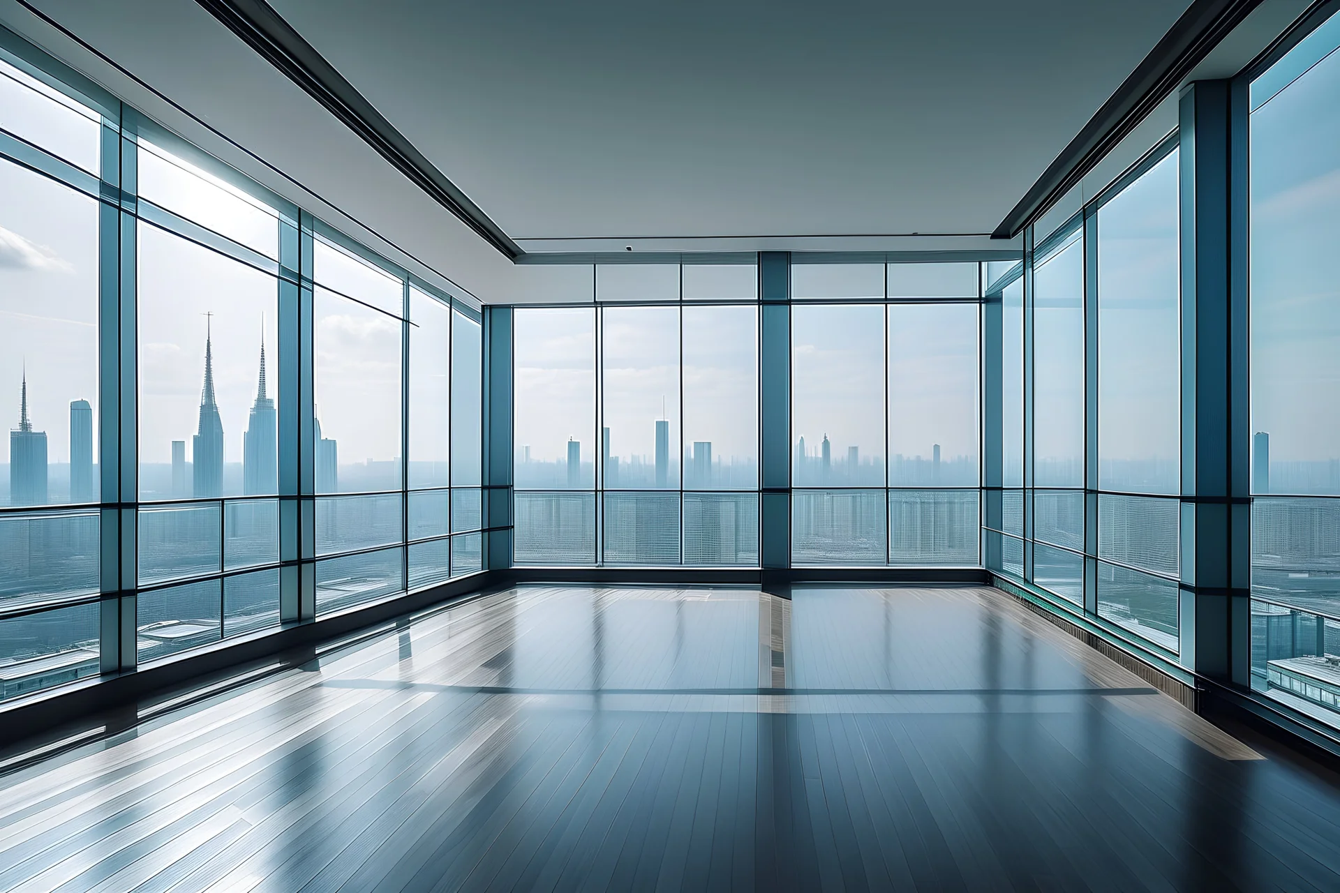 large and rectangular room on the top floor of the building, with large windows through which you can see the city's skyscrapers. diaphanous, only with columbas holding up the roof, frontal perspective