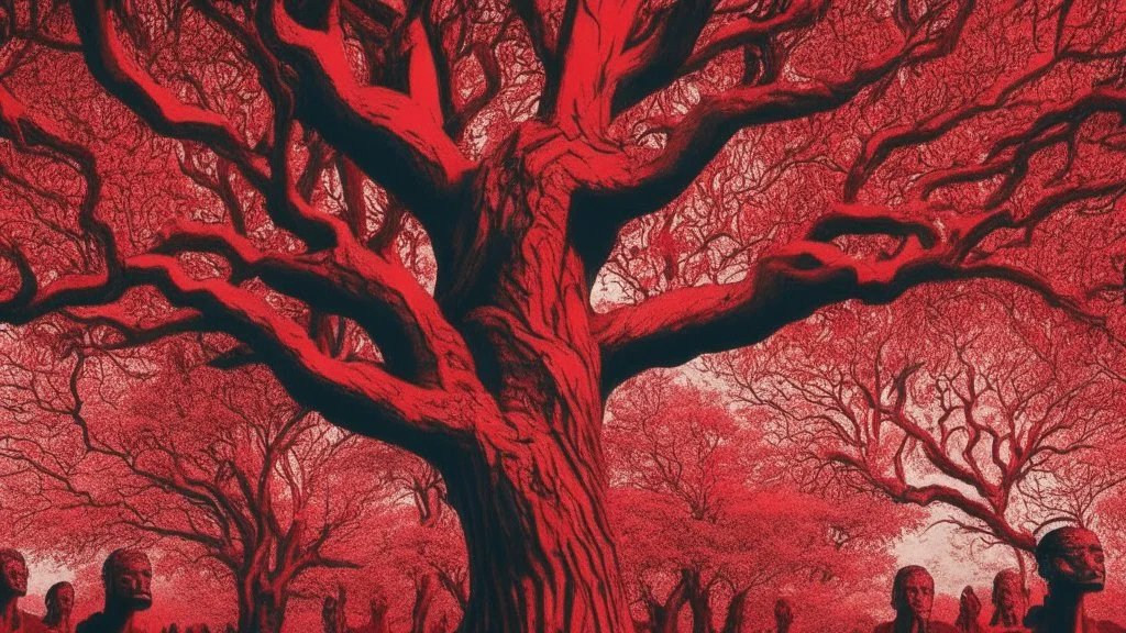 red tree, highly detailed, beautiful desktop wallpaper, comic style, many human faces on tree