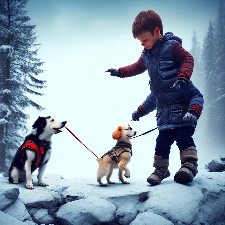 little boy walking on a moutain with a dog