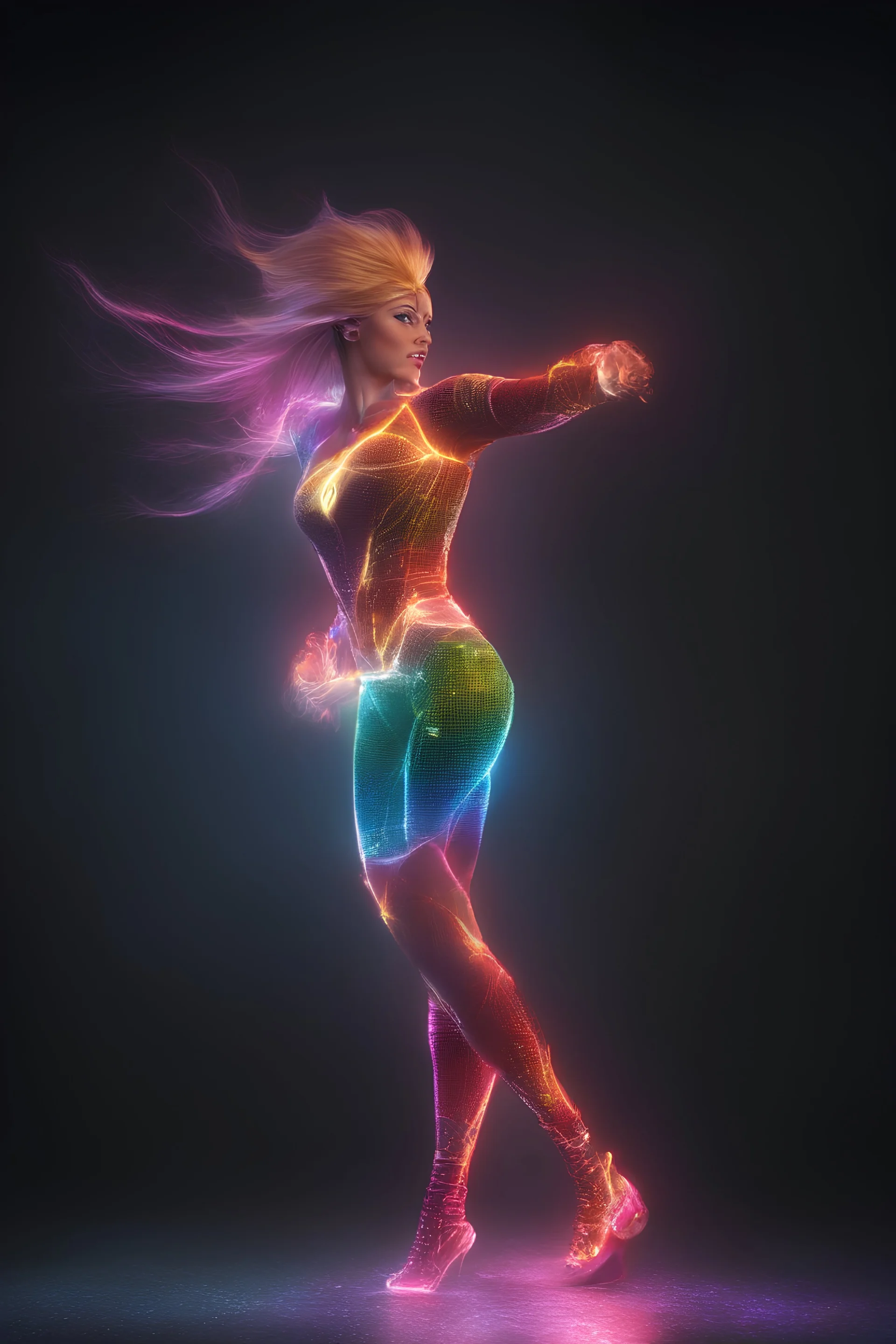 medium long shot, wide angle shot, full body, Barbie Allen aka The Flash, multicolored, atmospheric, beautiful, bright, vibrant colors, multicolored lightning, pitch-black background, Professional quality digital photograph, 4k UHD, Photorealistic, professional quality