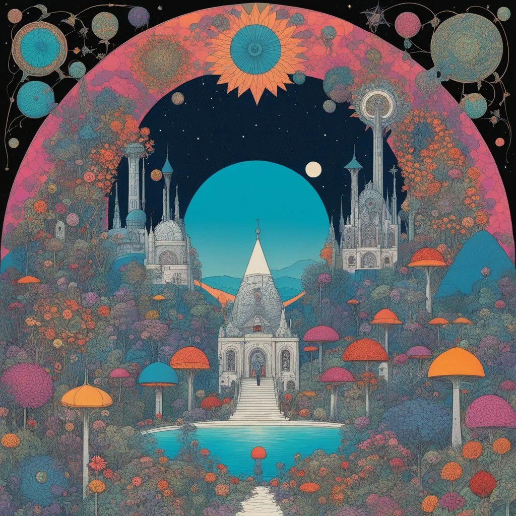 [geometric tessellation by W. Heath Robinson] a retro-futuristic world where nightmares and false realities intertwine, bathed in the psychedelic hues of flower power and trippy colors. In this dark sci-fi realm, macabre visions dance with hippie aesthetics, blending the mystique of tarot with the allure of pin-up girls in a mesmerizing display of contrasts.