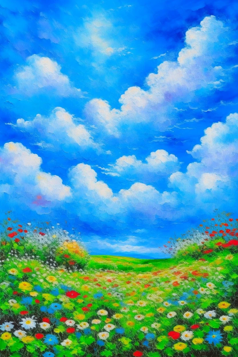 impressionism nature peace communication compassion tranquility blue sky meadow fluffy clouds flowers monet expressionism