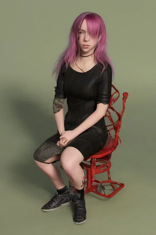 Billie Eilish, sitting on a chair, Black Short Dress, high detail