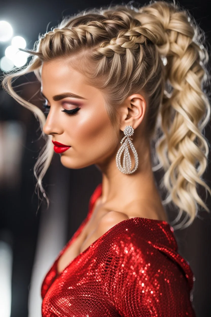 Beautiful girl dancer, blonde hair , bold lipstick, night club stage, braided bangs, braided bobcut, solo, 18yo,(on back:1.2) ,red midi dress, portrait