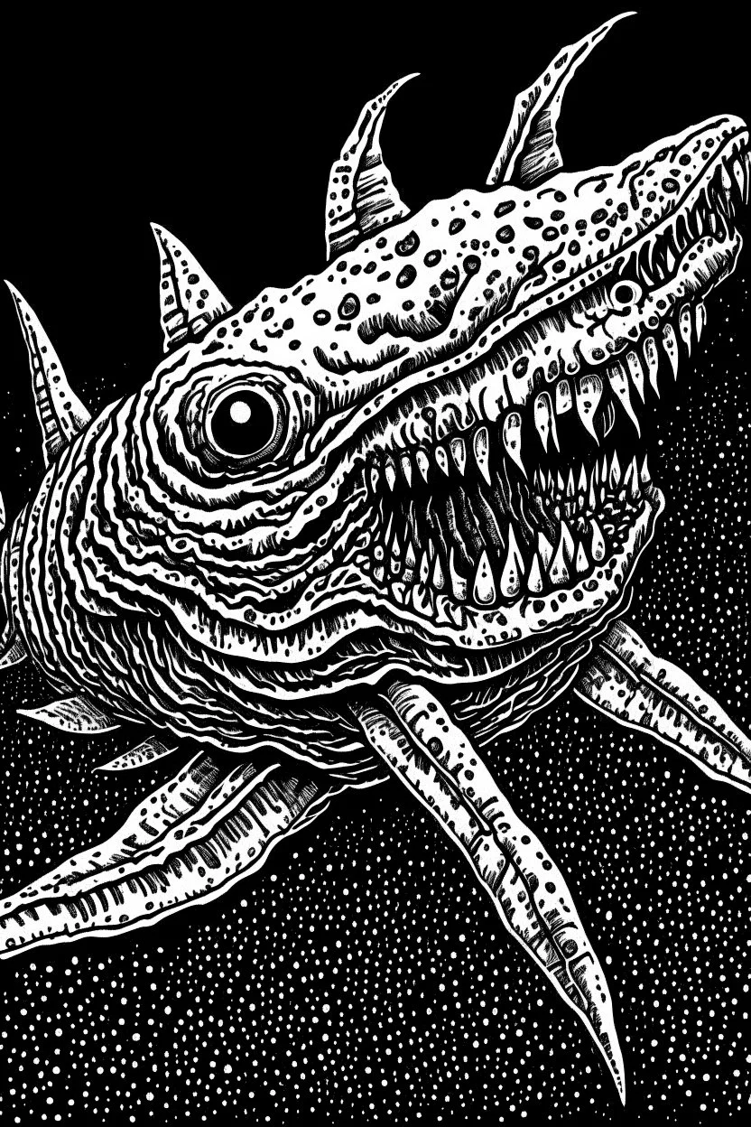 Moth / shark hybrid in the style of "Berserk" manga. B/w.