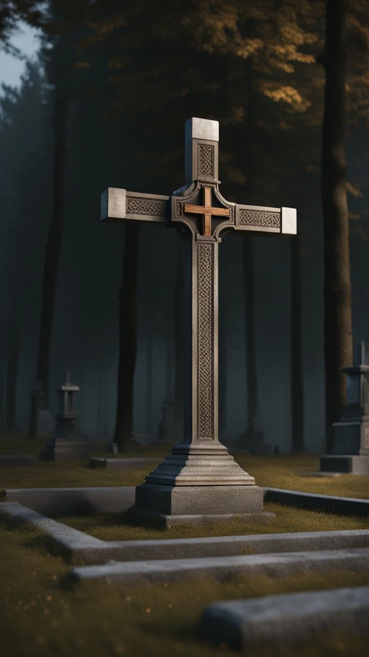 photorealistic hyperdetailed grave marked with a wooden cross