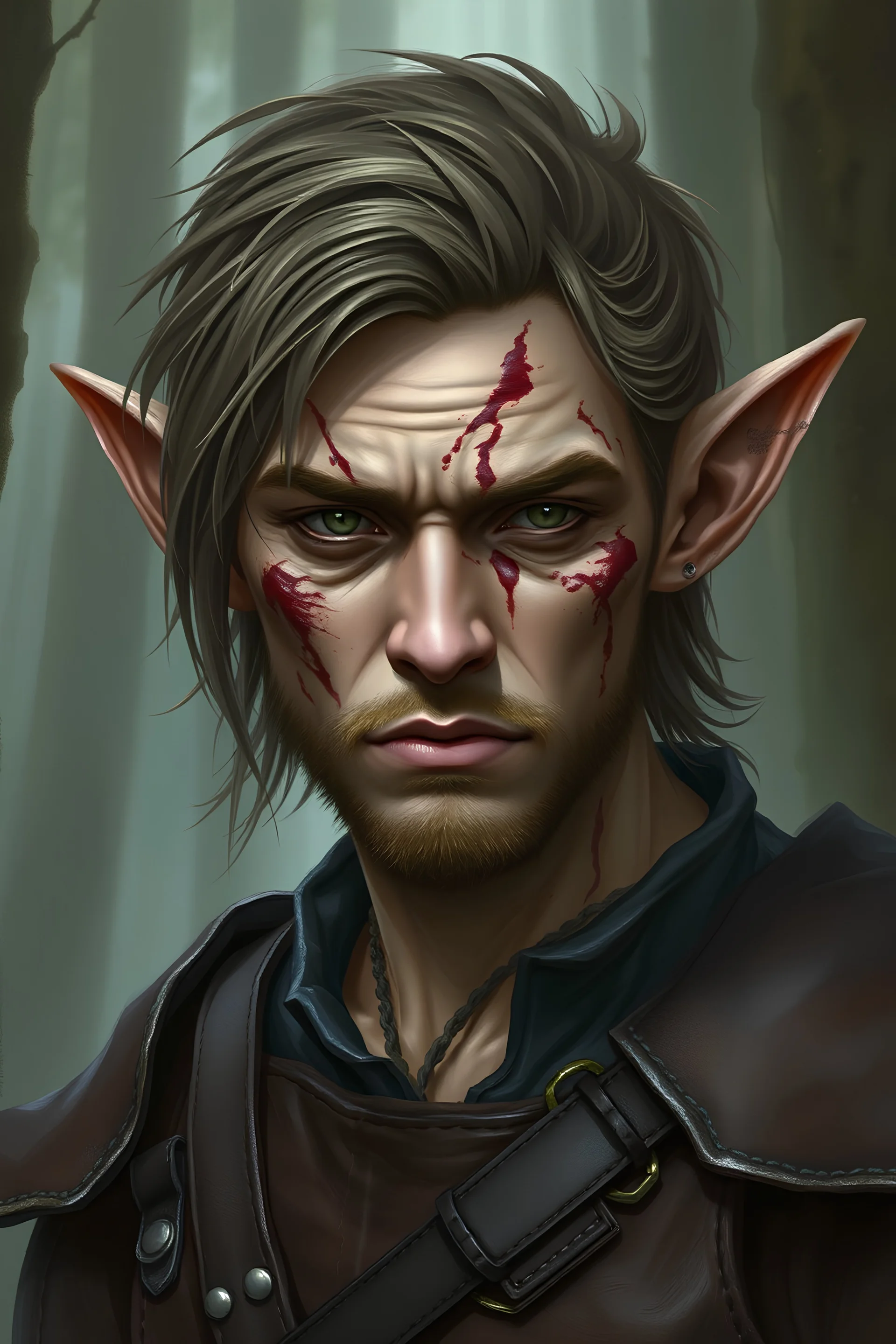 fantasy art style. misty forest background. Male Elf of 40 years age. Leathery and worn skin. Deep scars among his face and burns.