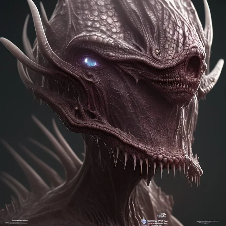 Evil humanoid alien with dark rough skin with scales, concept art, hyper realistic, photorealistic