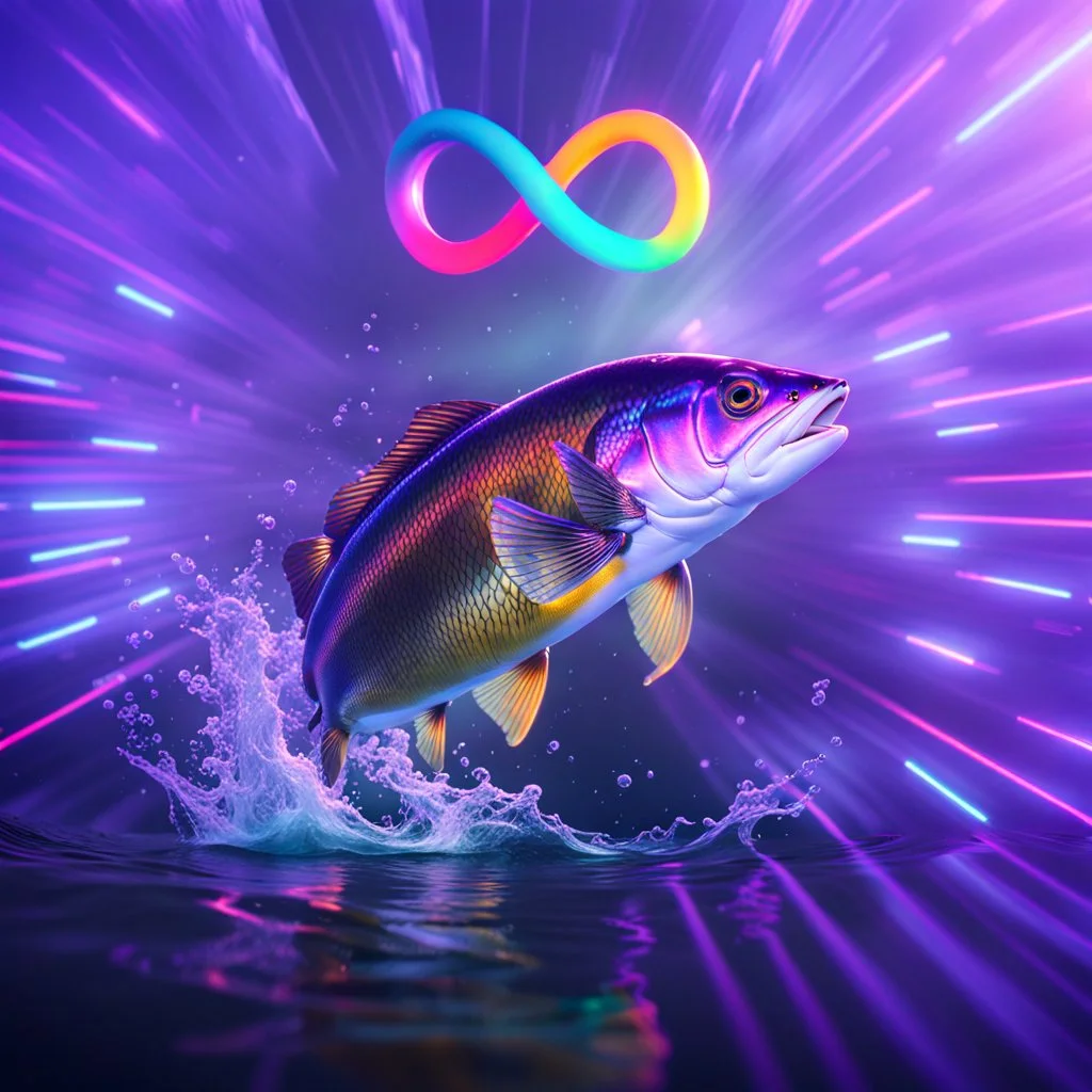 infinity symbol ∞ with vibrant powerful fish jumping out of the water, striking, neon, chiaroscuro, dramatic, captivating, powerful, fantasy, beautiful, octane render, 16k post-production, artstation: award-winning: atmospheric: commanding: fantastical: clarity: ultra quality: striking: brilliance: stunning colors: amazing depth; lens: f/11, 35mm