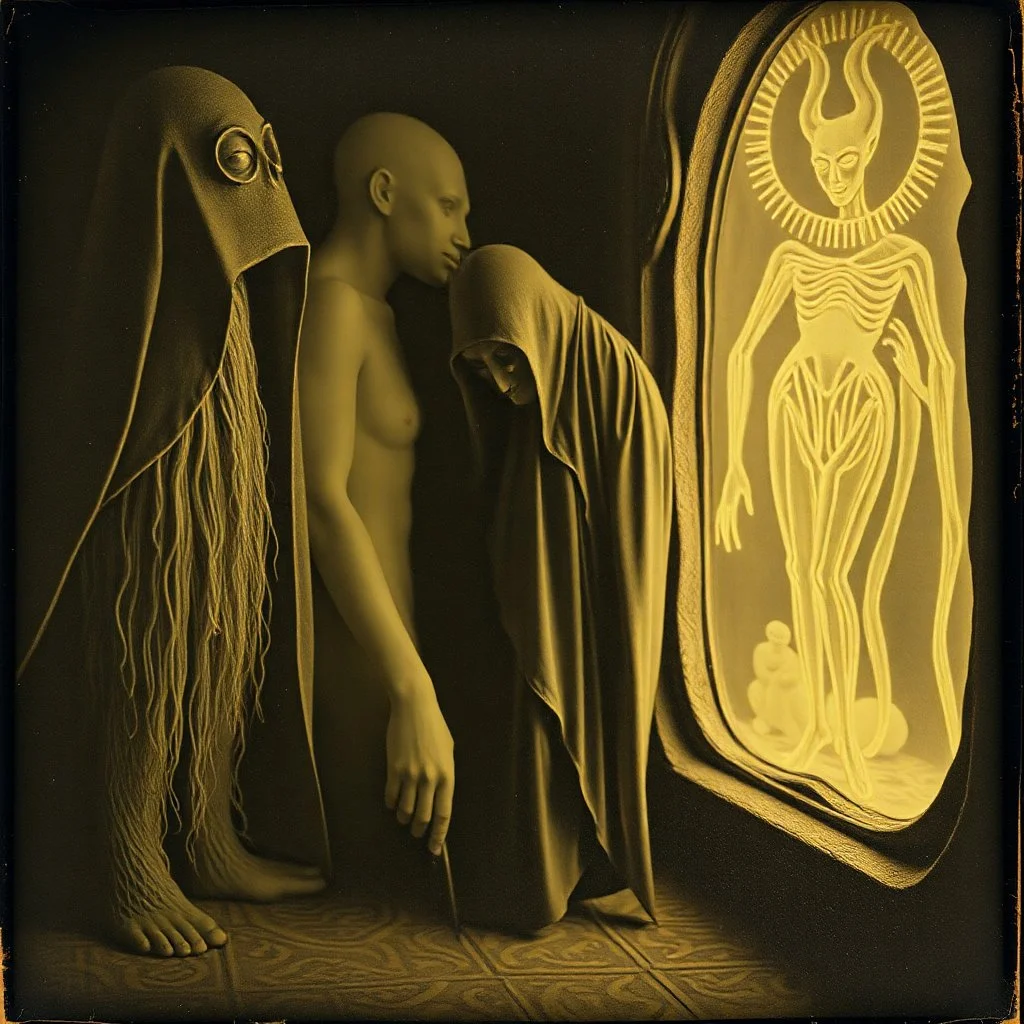 Daguerrotype close up some mysterious figures, odd background, Hieronymus Bosch Max Ernst ambient light, by Minicavio Quollati and Marlost Endgulp, Amano, Botticelli, Alphonse Mucha