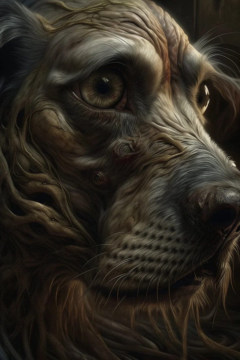 Bosch nightmares painting style Title: a dog face ,insanely detailed octane render trending on artstation, 8k artistic photography, photorealistic concept art, soft natural volumetric cinematic perfect light, chiaroscuro, award-winning photograph, masterpiece, oil on canvas, Raphael, Caravaggio, Greg Rutkowski, people, beksinski, Giger