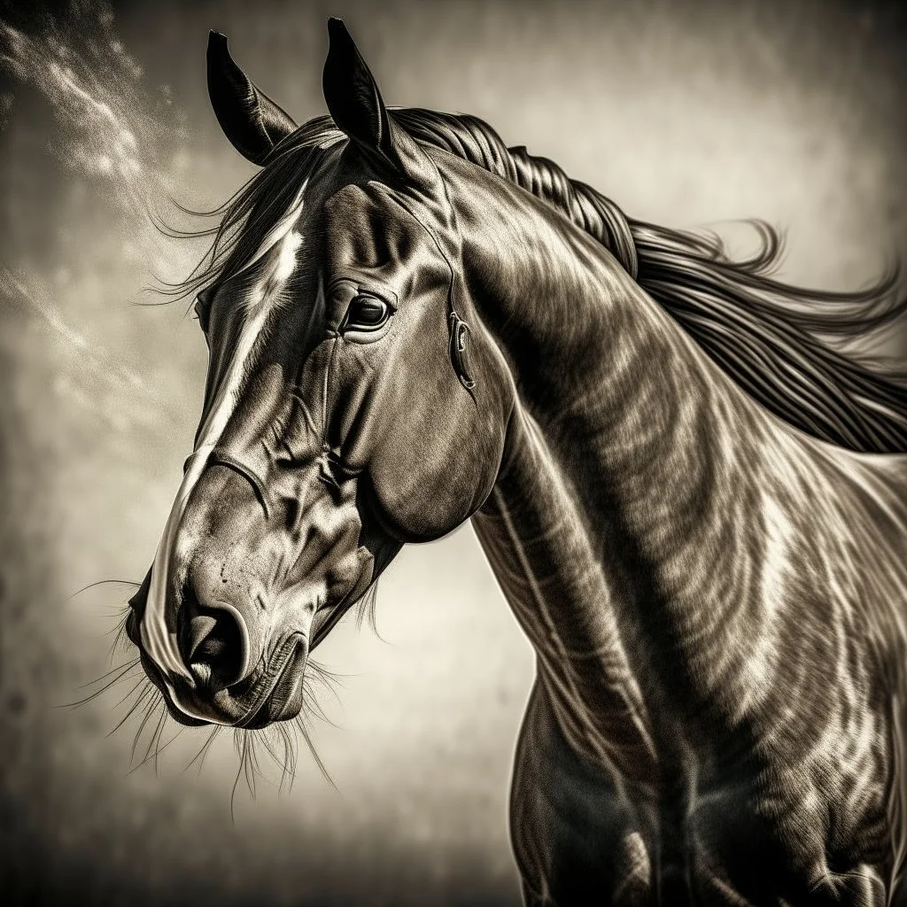 close-up image of a young stallion in motion, captured in a modern vintage photography style. The image blends necronomic-inspired illustrations with a tabletop photography approach, reminiscent of the 1890s. The stallion has a ghostly aura and subtle, buzzing details.