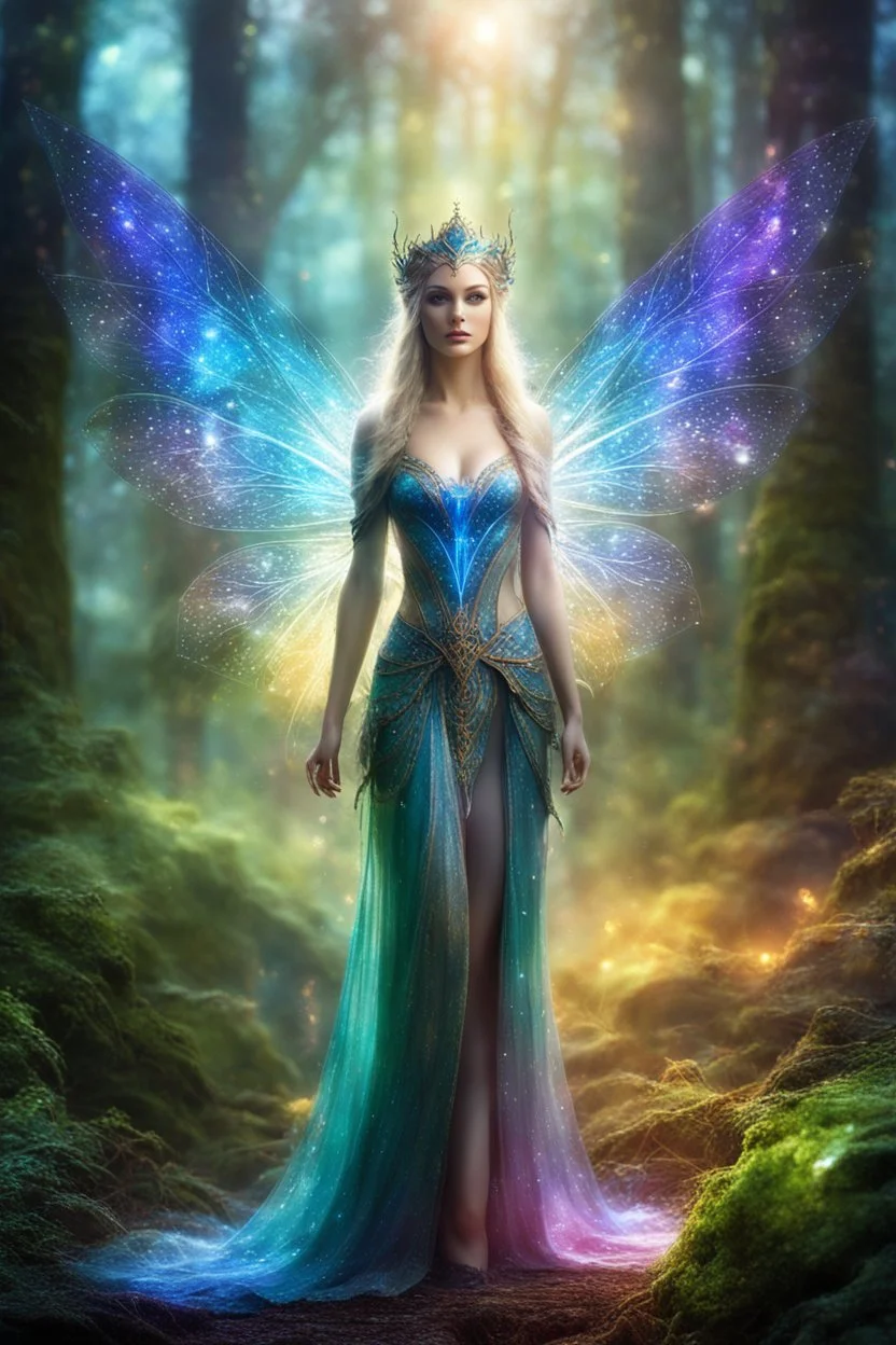 Gorgeous photography art of a bright multicolor,soft blur beautiful princess elven fairy, front illumination only, forest background, magic wake, fantasy illustration, sparks, glitter, grainy, noise, fractal crack effect, cinematic, deep depth of field, 16k resolution photorealistic, a masterpiece, breathtaking intricate details, reflective catchlights, high quality, abstract vector fractal, wave function, Zentangle,shading