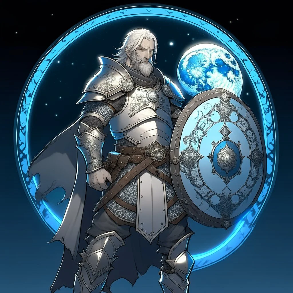 Please create an image for a 30-year old aasimar male with silver hair and a short, square beard and blue eyes. He is standing outside in the moonlight wearing plate armor and wielding a shield and a hammer. His equipment is adorned in multiple places with a crescent moon