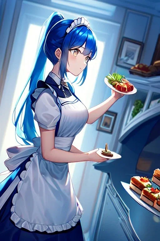 girl, masterpiece, best quality, cinematic lighting, detailed outfit, vibrant colors, perfect eyes, blue hair, long hair, white eyes, ponytail, maid, indoors, looking up, food,