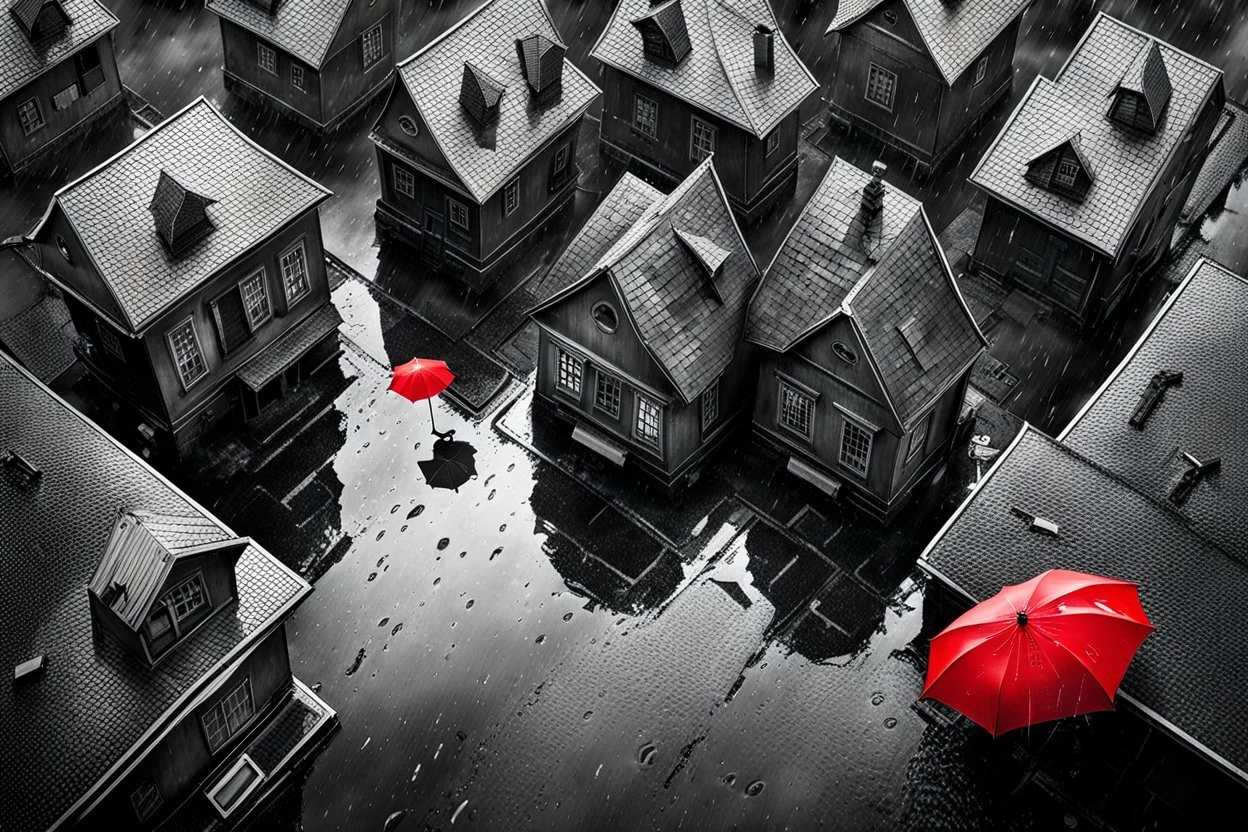 top-down view of a grayscale wet city street with old tall haunted houses, rain, one little red umbrella lying prone on the street, rain, surreal style, dark mood