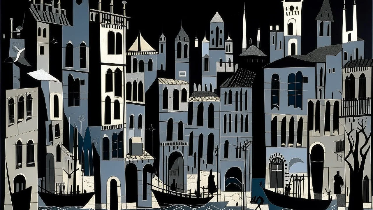 A dark gray Venice like city in twilight designed in Javanese shadow puppets painted by Stuart Davis