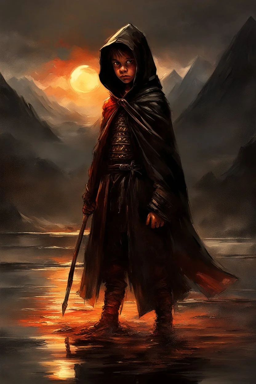 A formidable warrior-a 10-year-old boy in a black robe with a hood, on the background Amazing gloomy landscape, flooded with sunset, mountains, trees, fabulous scary hero, , juicy emotions, painting, dark fantasy, bad weather, gloomy day, dark world, by Raymond Swanland & Anna Razumovskaya & James Paick & Alyssa Monks