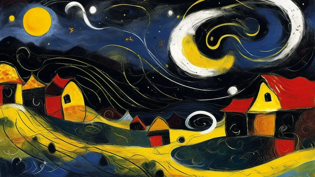 A swirling night sky with bright yellow stars and a crescent moon over a village with houses and trees in the foreground