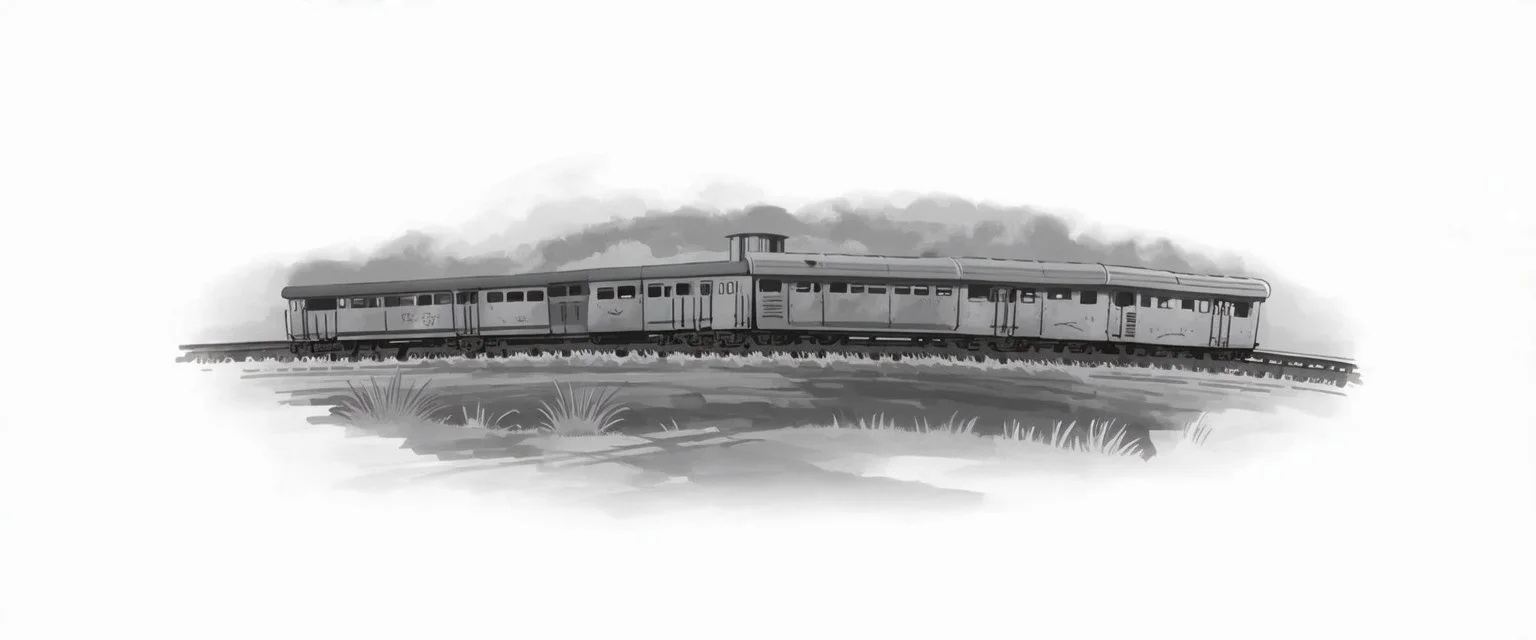 side of old western railway track, overcast sky, vignette children's book illustration