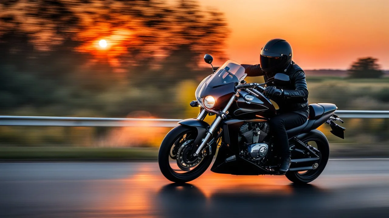 Motorbike Rider in Motion , a person wearing a helmet and black motordress, fast riding a motorcycle along a road during a beautiful red sunset. The dynamic scene conveys a sense of freedom and adventure as the rider speeds the highway, realistic, vivid colors, high detailed, sharp focus, perfect shot, ultra hd, canon photo in motion, svenken, motion washing away, 3d render, cinematic