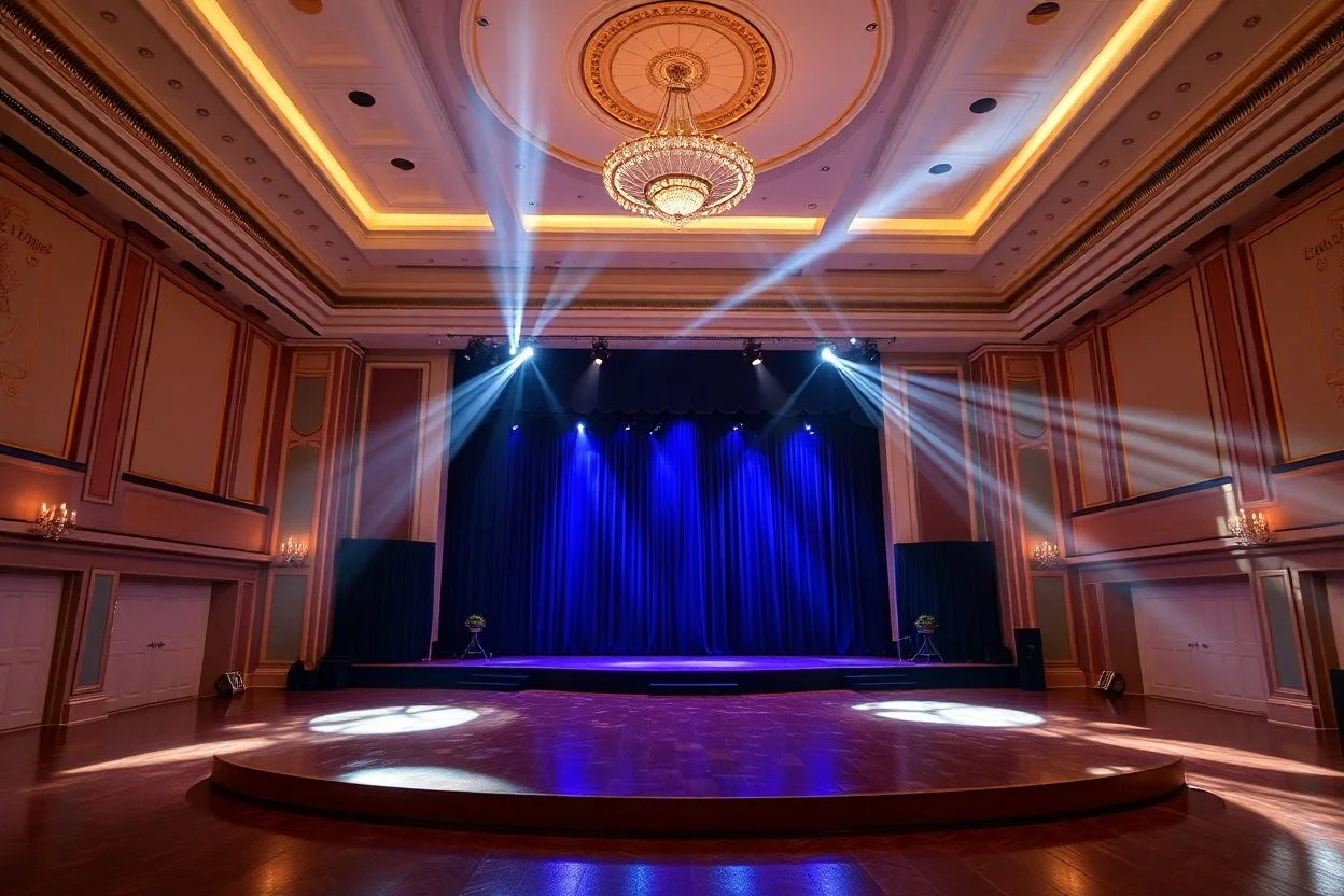 luxury large hall with a stage with flash at center for dance