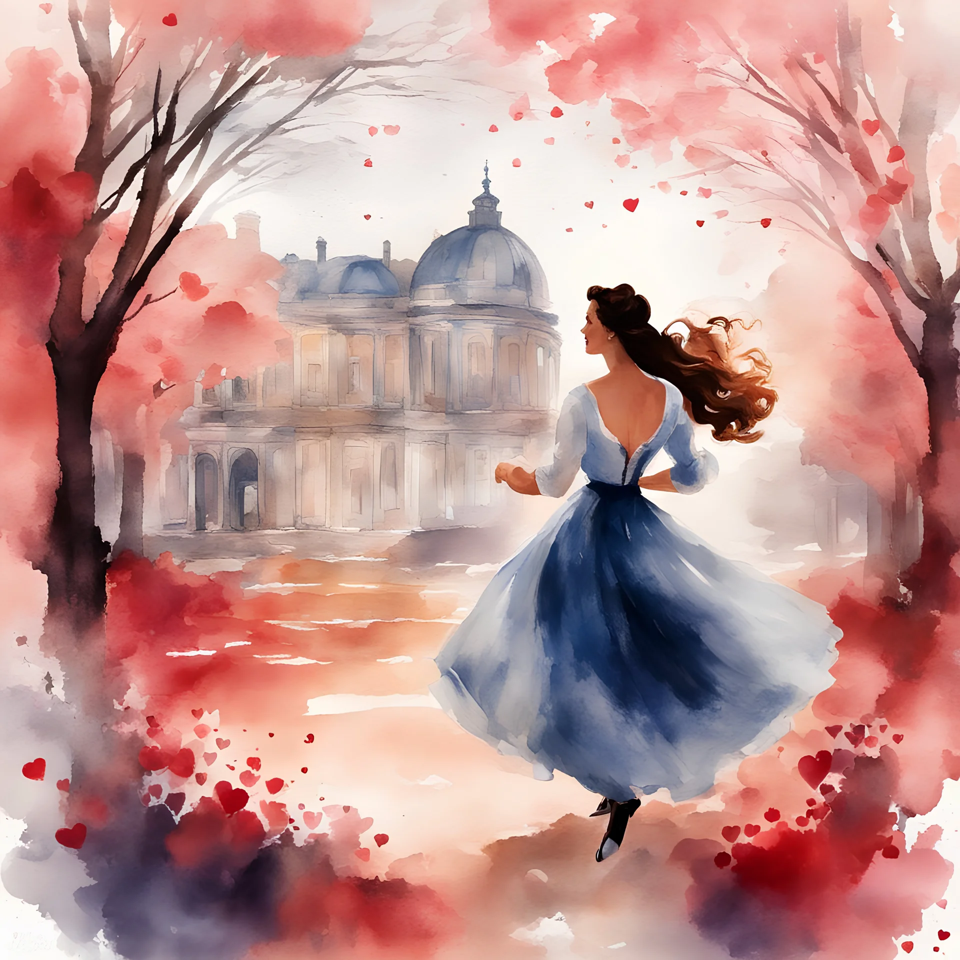 Create a captivating watercolour scene in the style of 'Gone with the Wind,' featuring a beautiful woman running into the arms of her handsome beloved. Infuse the image with romantic charm and timeless elegance, making it perfect for celebrating St. Valentine's Day.