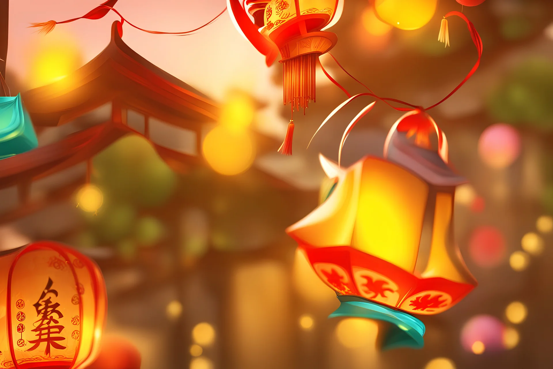 stylized background, lanterns, coins, chineese buildings