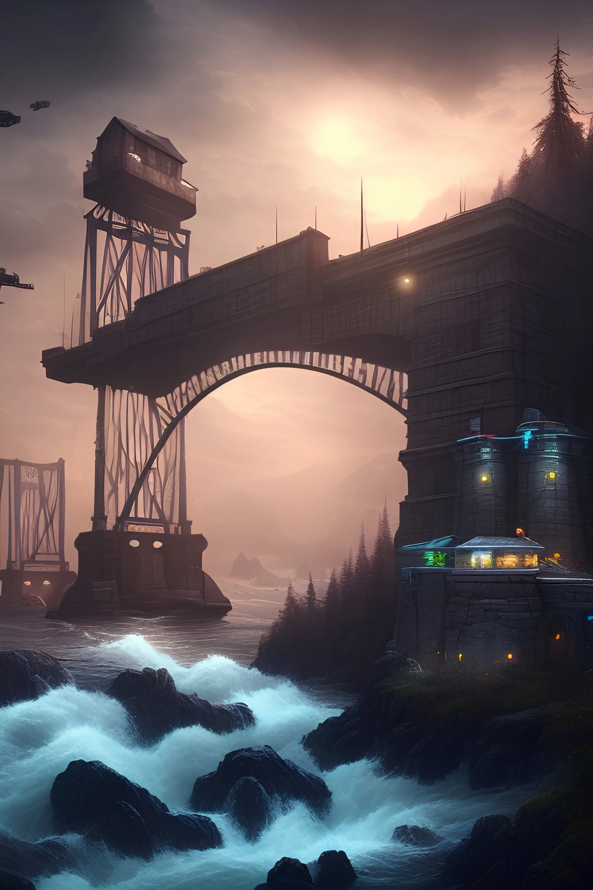 secure outpost perched on a cliff, overlooking a steel bridge, by dangerous river rapids, post-apocalyptic, night, stars, mist, 3D Game Cinematic Feel, Epic 3D Videogame Graphics, Intricately Detailed, 8K Resolution