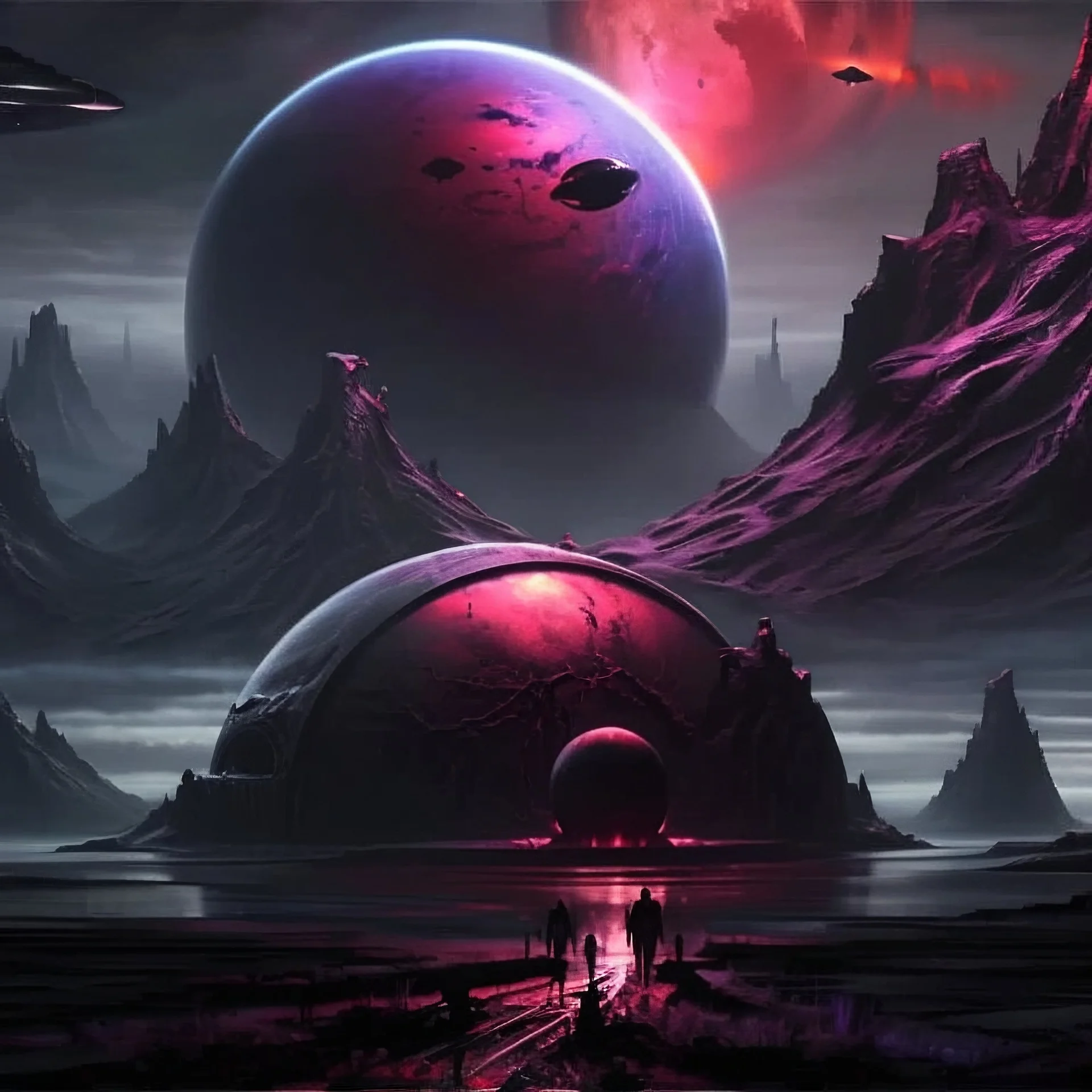 A dark swampy alien landscape. A cylindrical organic looking spacecraft in the background. Single dark hooded figure. Perfectly spherical Planets in the sky. Some psychedelic colours around the edge of the image.