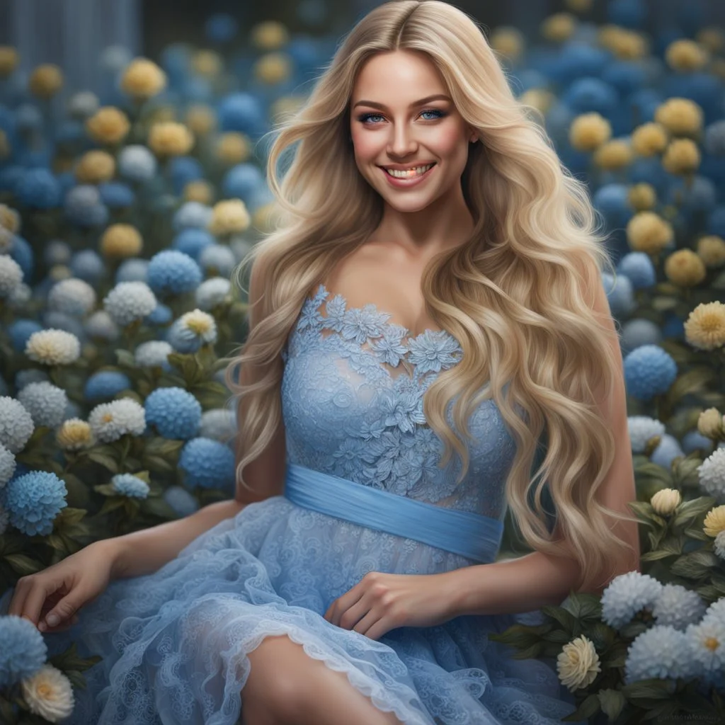 (best quality, 4k, 8k, highres, masterpiece:1.2), ultra-detailed, (realistic, photorealistic, photo-realistic:1.37),hyper realistic, full body gorgeous smiling 1woman,long hair,looking at viewer,realistic proportions,blue eyes,hair ornament,transparent lace dress,very long hair,flower,blonde hair,parted lips,necklace,white dress,blonde hair,lips,joyful pastel background,freckles,realistic,head wreath, pink flower,realistic portrait, dreamy fantasy landscape countryside,great pespective,crystal