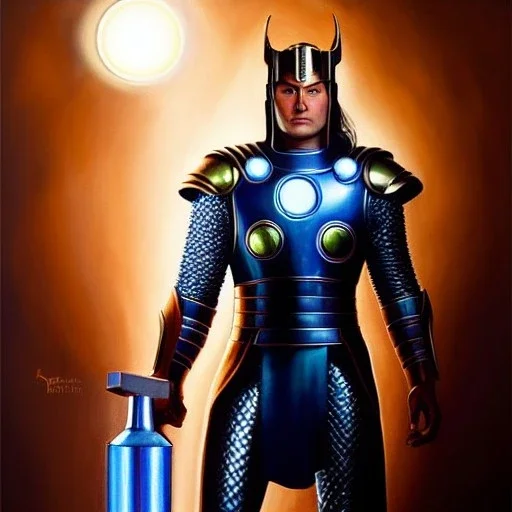 Ultra detailed fullbody Portrait in oil on canvas of Robot Thor ,extremely detailed digital painting, extremely detailed face,crystal clear Big Glowing eyes, mystical colors ,perfectly centered image, perfect composition, rim light, beautiful lighting, 8k, stunning scene, raytracing, anatomically correct, in the style of robert e howard and Ken Kelley and Ohrai Noriyoshi and Simon Bisley and tomzj1