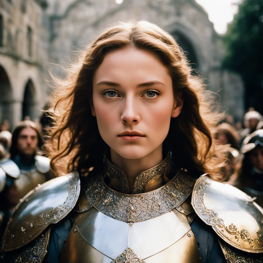 (35mm film photo:1.3) rendered through a kaleidoscopic mushroom lens capturing the intense arrival of Jeanne d'Arc (Oan) (17, radiating a fierce, divine energy, wearing simple medieval armor and a worn tunic:1.1, head high, eyes wide seeing beyond the physical, long brown hair) into the packed courtyard of the Royal Court at Chinon. She is flanked by her armored escorts, Jean de Metz (weathered veteran, plate armor) and Bertrand de Poulengy (noble knight, focused expression). The heavy oak and i