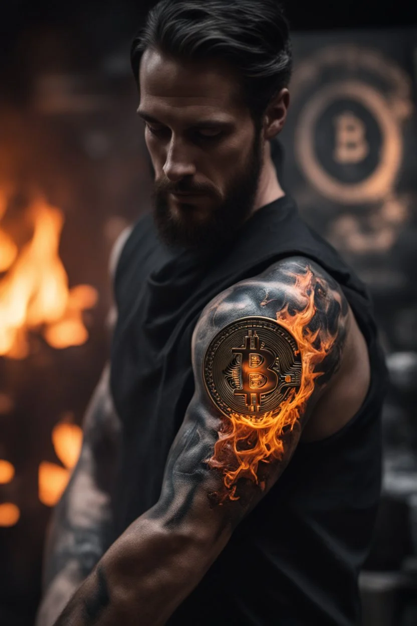 Close view of a Bitcoin logo burned onto the skin of a man's forearm, the mark is still steaming hot, the blacksmith still holding the burning iron, 8k, high quality, realistic, goth theme