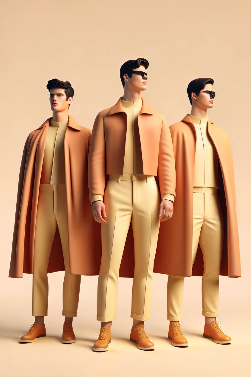 three men in different Balenciaga Superman's clothing, beige tones, fashion plates, deconstructed tailoring, rendered in cinema4d –q 2 –ar 3:5