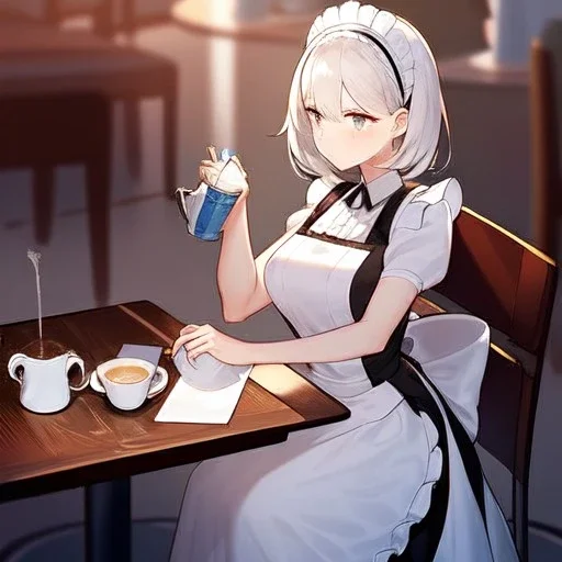 anime girl dressed as a waitress filling a tea cup of coffee, in a busy diner, with tables and chairs nd booths, two identical tea cups sitting on a table, waitress is pouring coffee into a cup and it over flows, one cup is overflowing and the other is empty.two white coffee cups