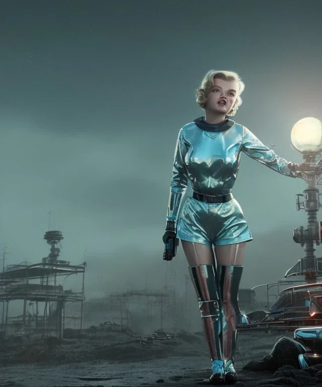 Ultra Realistic retro sci-fi 1960 scene, waist up view portrait, blonde woman, sweet young Marilyn Monroe face, perfect iris, tight latex coat, Strange planet background, Retro sci-fi style glass helmet, sphere dron, fog, rain, soft color, highly detailed, unreal engine 5, ray tracing, RTX, lumen lighting, ultra detail, volumetric lighting, 3d, finely drawn, high definition, high resolution.